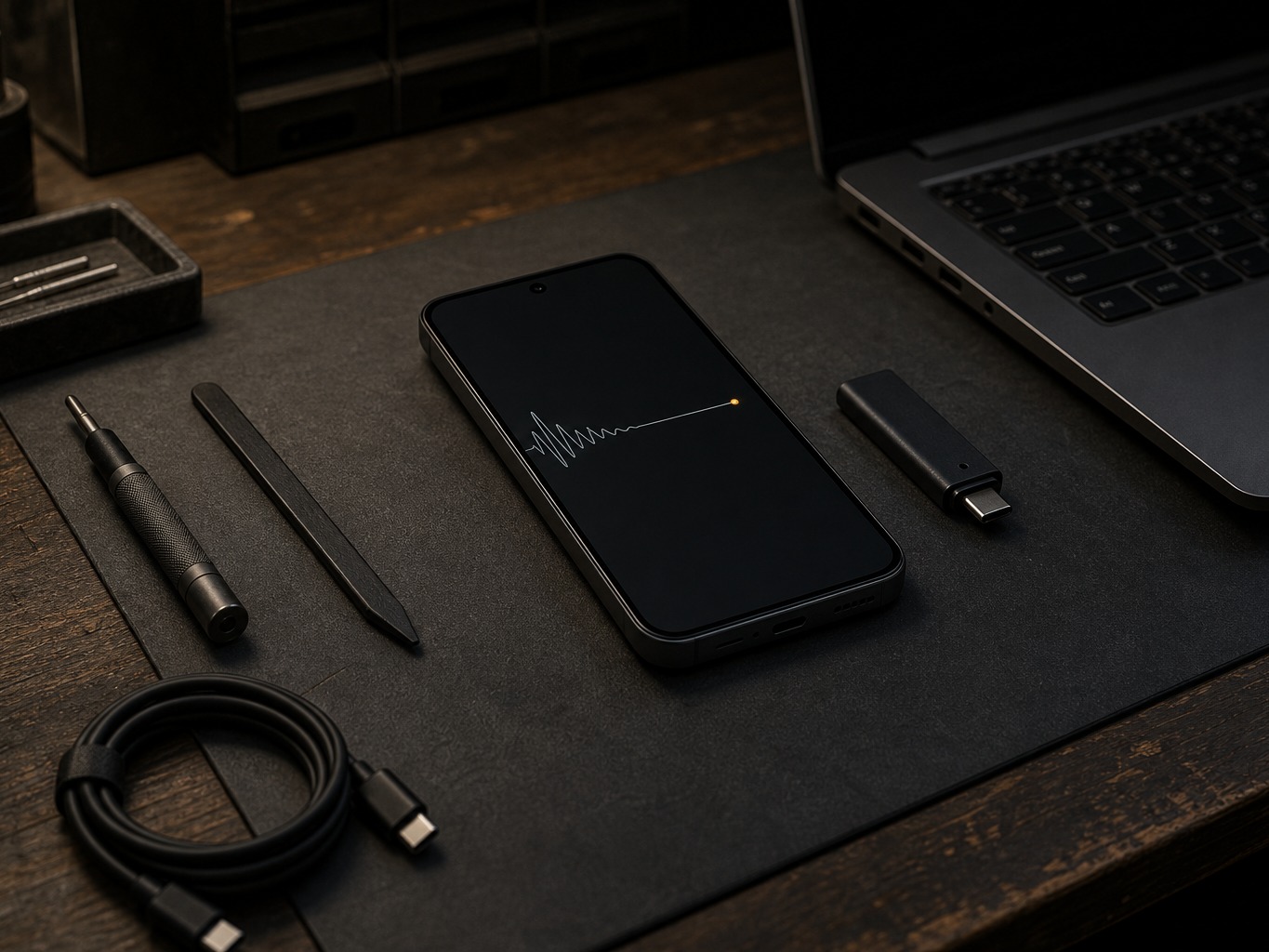 HushSecurity workbench: a HushPhone, USB drive and laptop being configured by hand under low warm light.