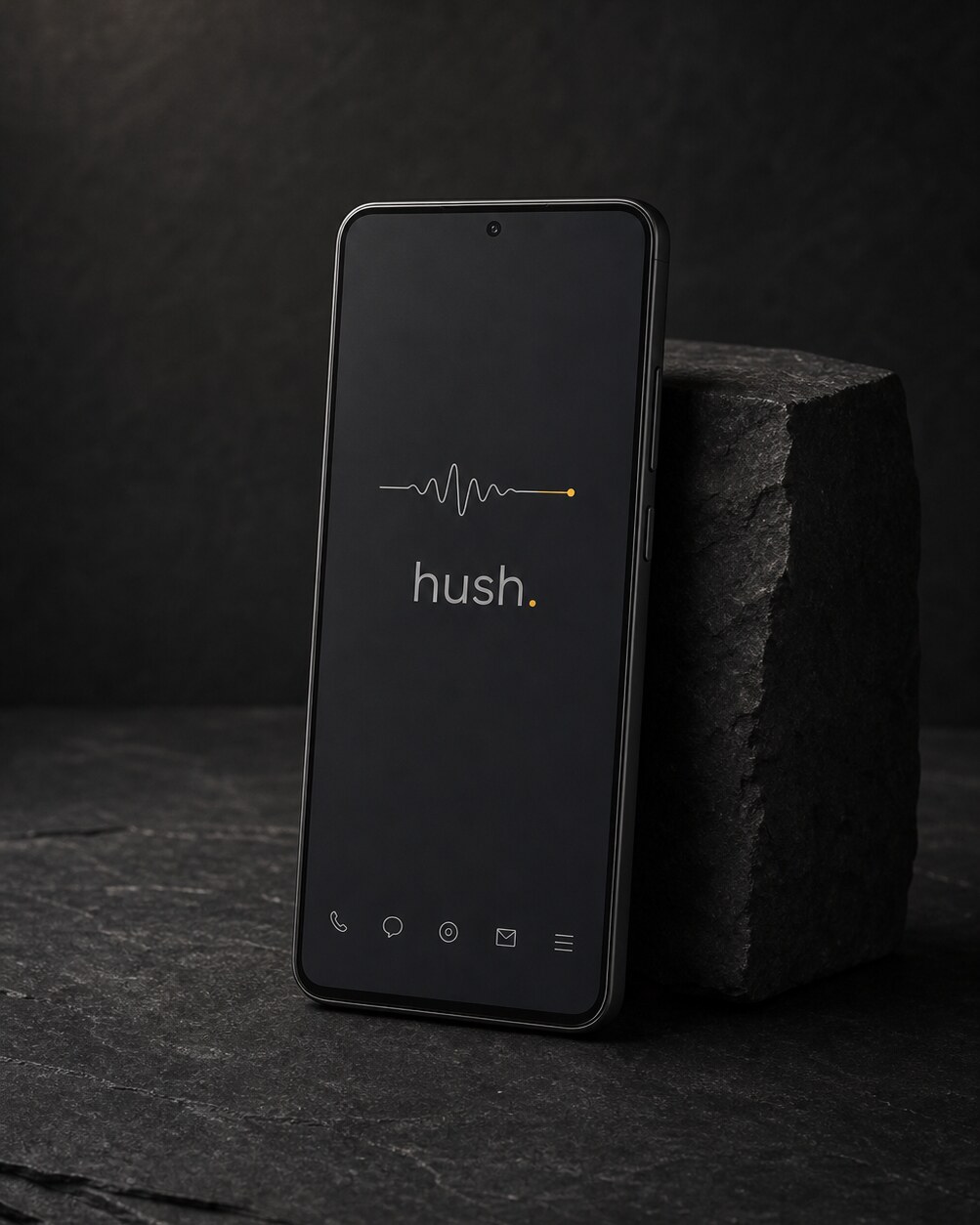 Rendering of a HushPhone 9 in anodized graphite. Not a photograph; product photography is pending.