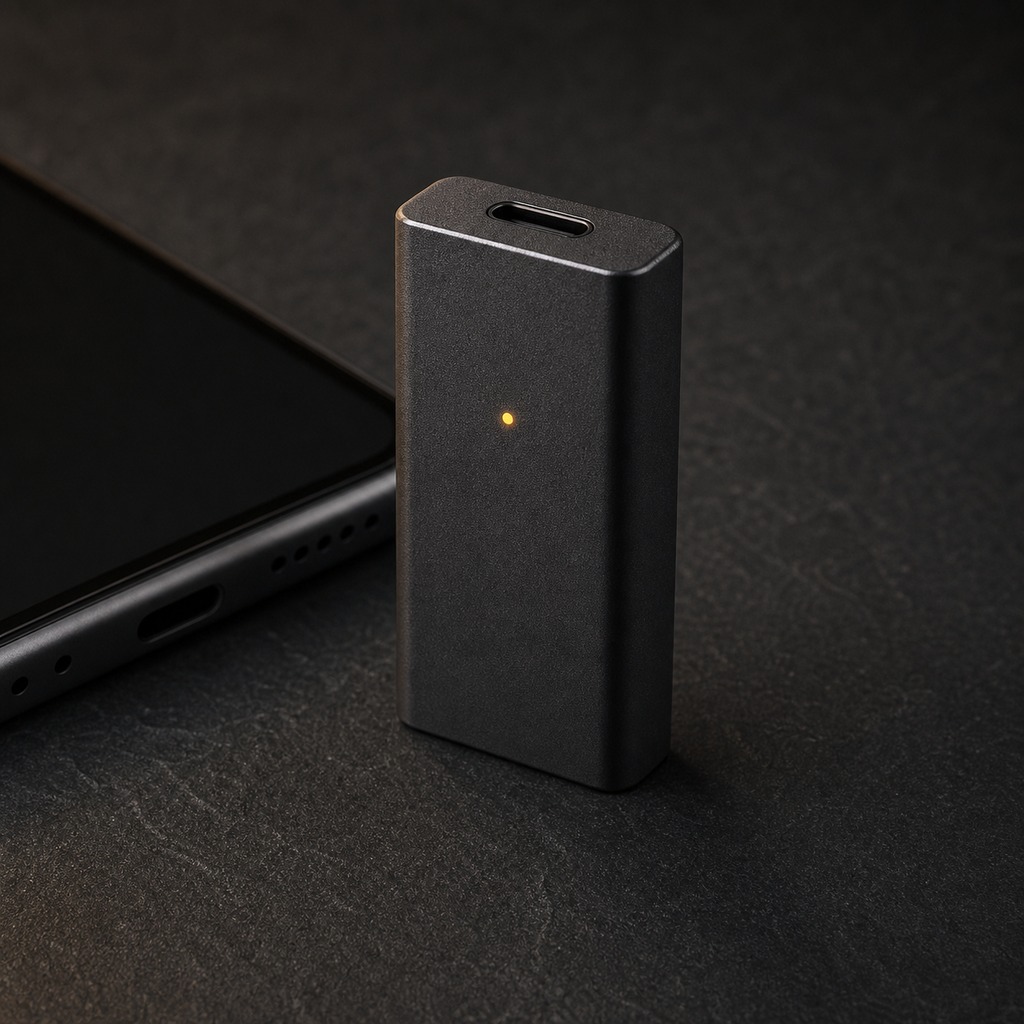 Small graphite hardware device with a single amber status light, standing beside a phone.