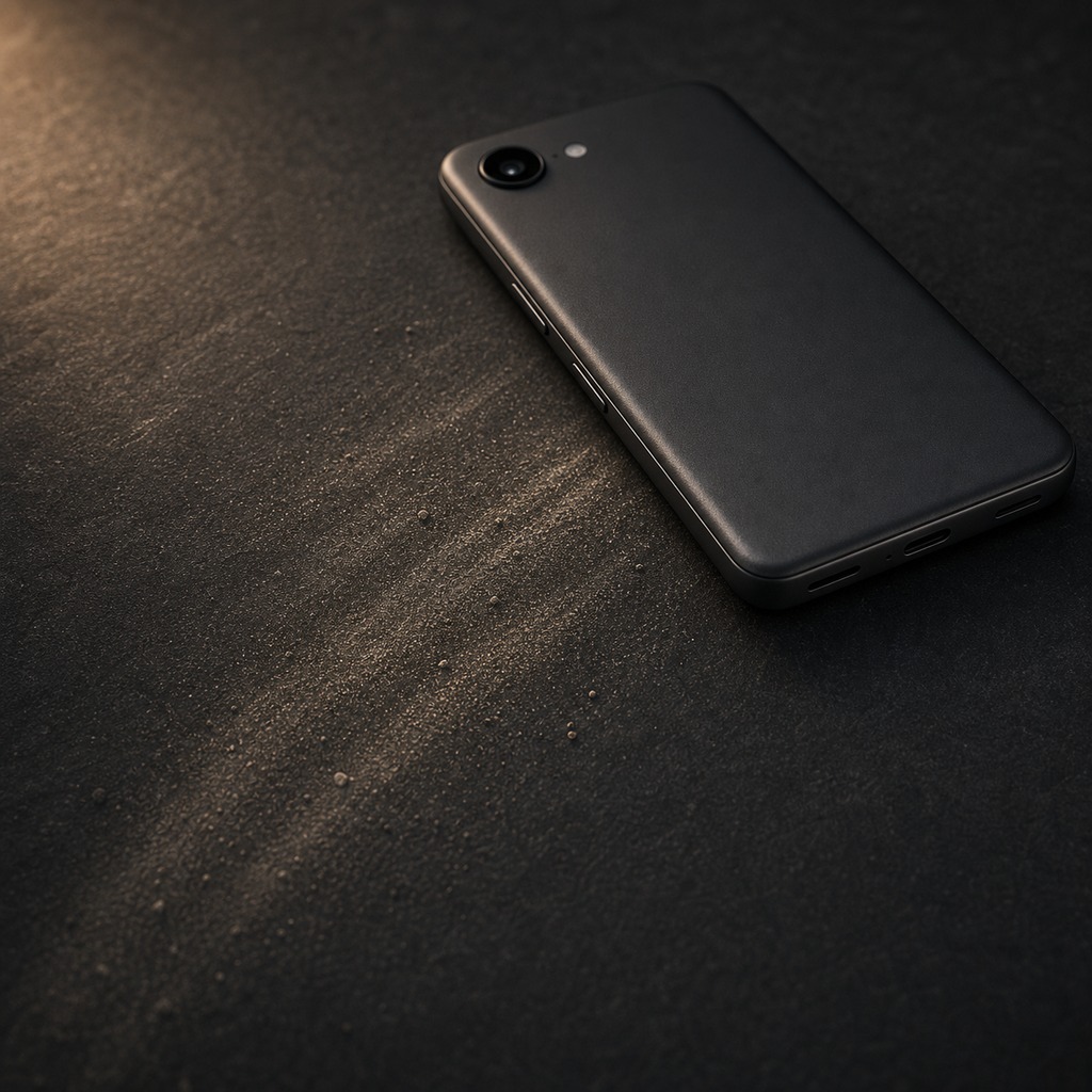 Phone lying face down on dark stone, a faint trail of dust caught in warm light behind it.