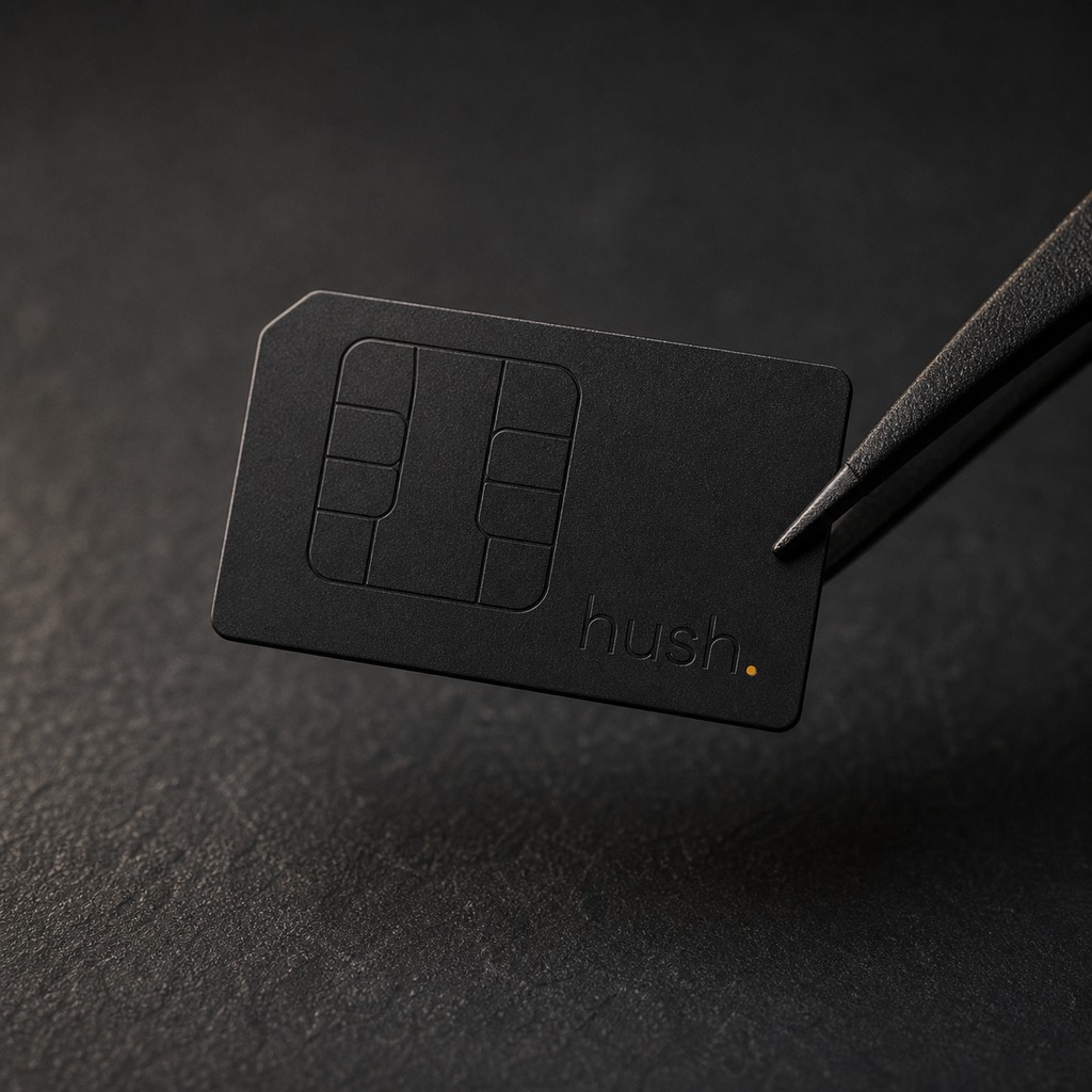 Unmarked black SIM card held at the edge by anti-static tweezers.